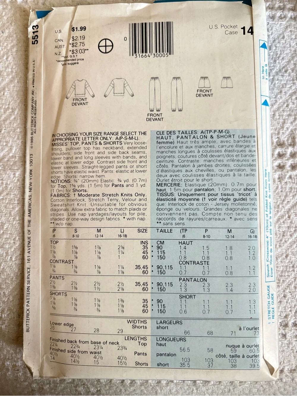 Vintage Butterick See & Sew Pattern 5513A for Misses’ Top, Pants, and Shorts